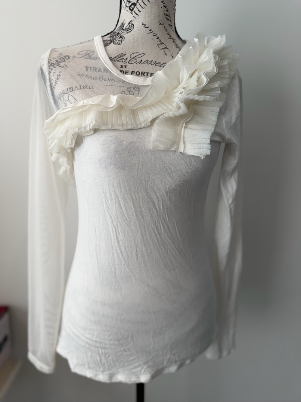 Zara Cream One-Shoulder Ruffle-Trim Long Sleeve Top